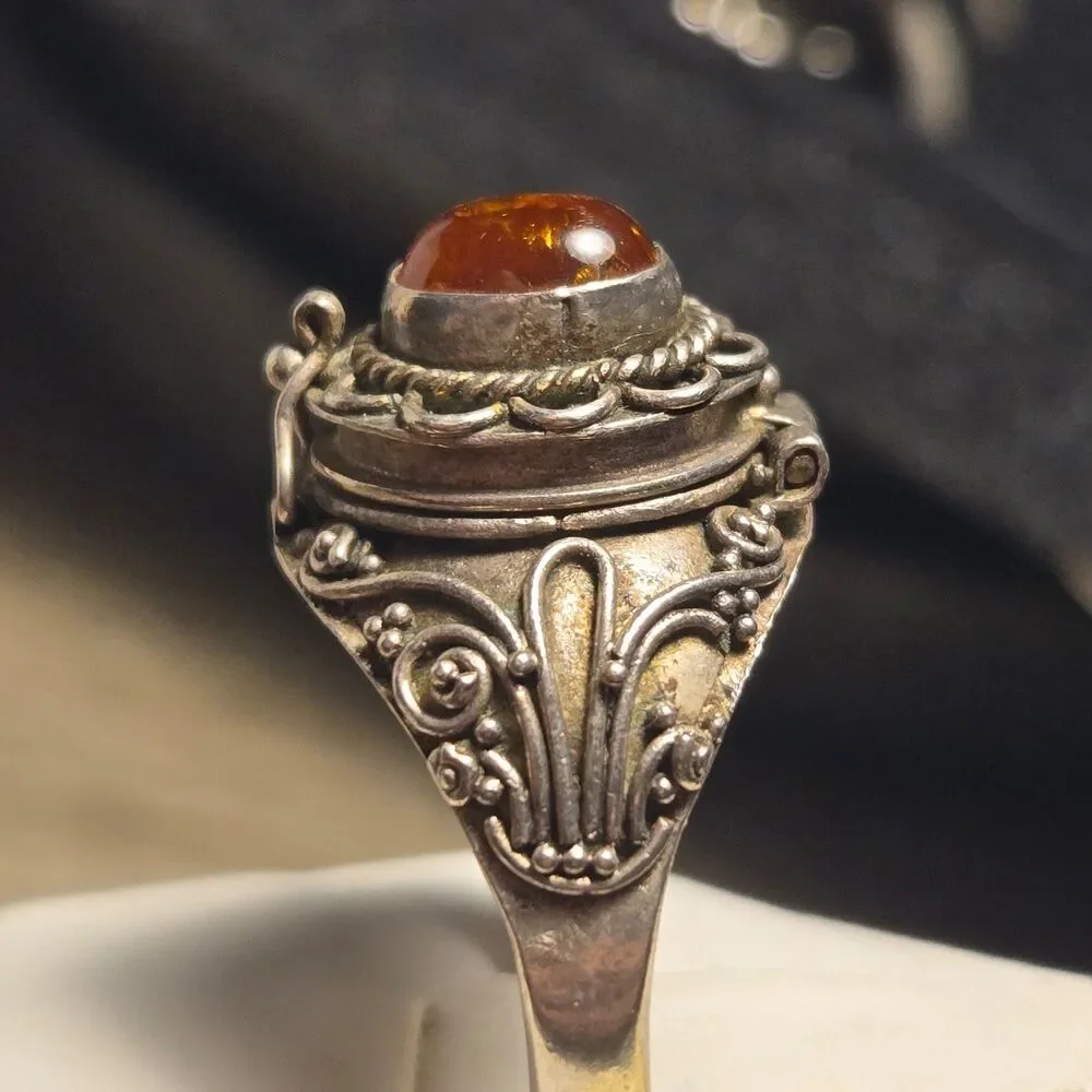 Rare Amber Poison Ring vintage sterling silver ring sz 9.5